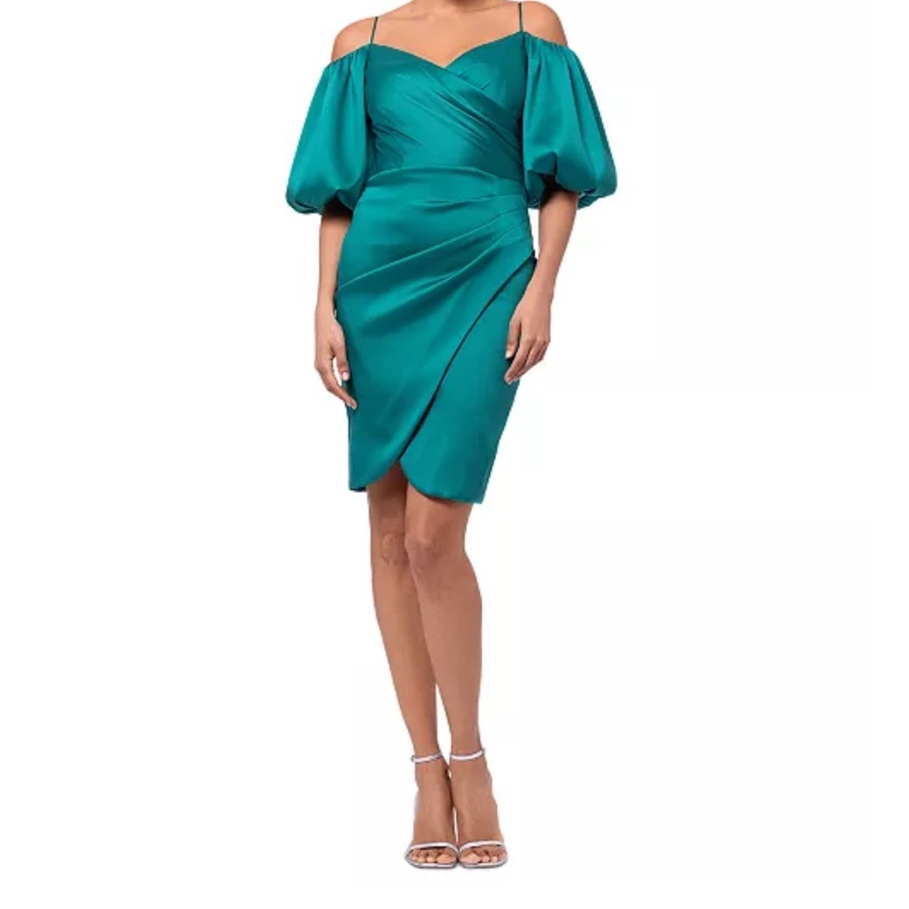 Betsy & Adam Balloon-Sleeve Off-The-Shoulder Dress-Size 6-Emerald Green-NWT